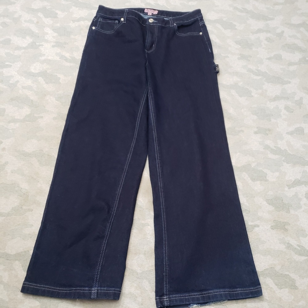 Juicy Couture Jeans Women 13/31 Blue Wide Leg Denim Dark Wash Stretch Spell Out